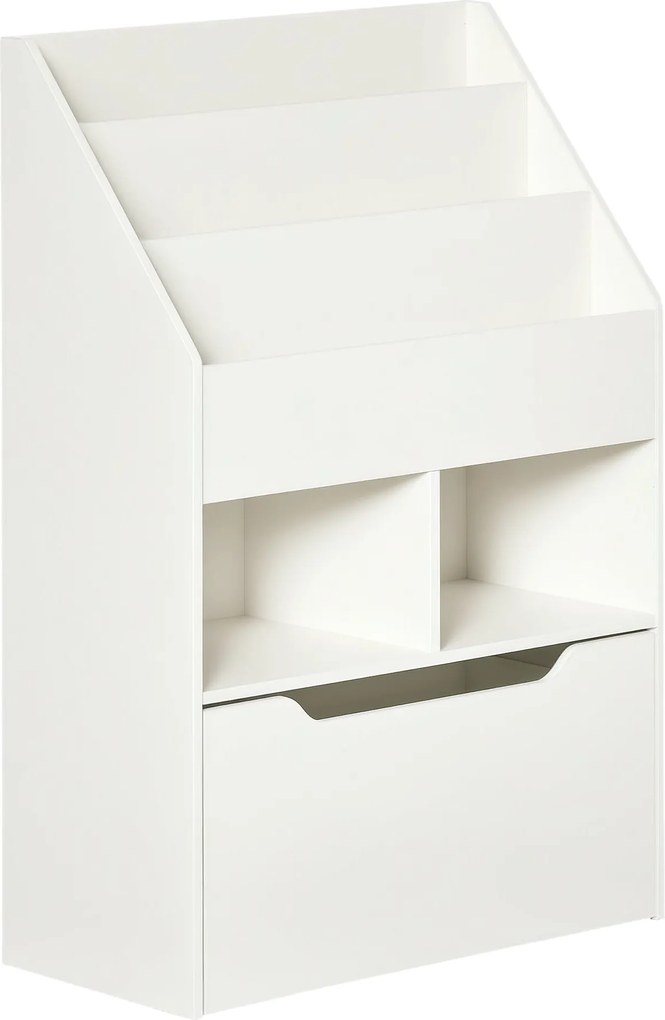 HOMCOM Fa Könyvespolc Gyerekeknek 3 Rekesszel, 2 Kockával és Mobil Fiókkal 4 Kerekével, Gyerekek Szobájához 60x29.9x90 cm Fehér | Aosom