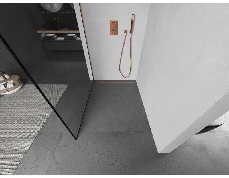 Mexen Kioto, Walk-In zuhany paraván 50 x 200 cm, 8 mm átlátszó üveg fekete mintás, réz matt profil, 800-050-101-65-70