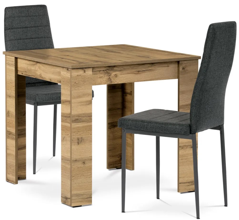 Set de sufragerie 1+2, masă 80x80 cm, MDF stejar wotan, scaune cu tapițerie din material negru