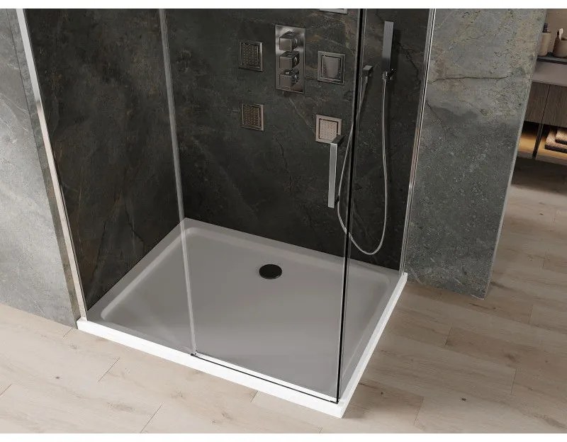 Mexen Omega, tolóajtós zuhanykabin 120 (ajtó) x 100 (fali) cm, 8mm szürke üveg, króm profil + vékony zuhanytálca fehér + króm szifon, 825-120-100-01-…