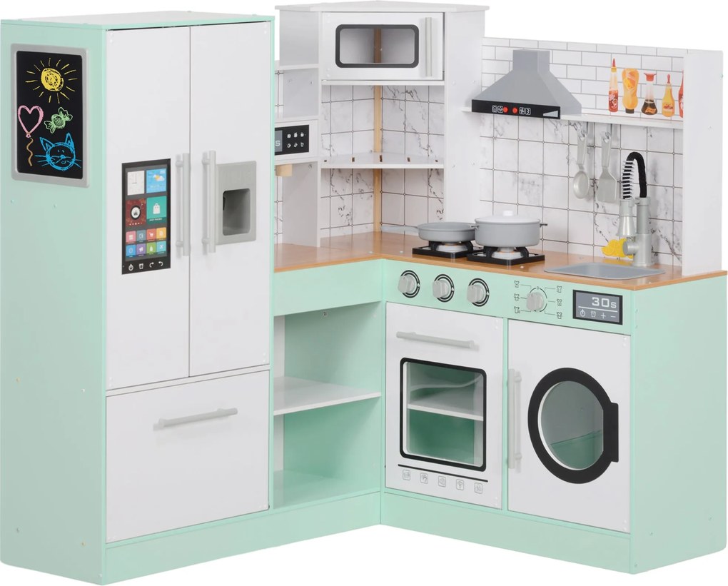 AIYAPLAY Gyermek Konyha, Játék Konyha Táblával, Páraelszívóval, Jégkészítővel, Mikróval, Sütővel, Hűtővel, Valósághű Fény- és Hanghatásokkal, Konyhai