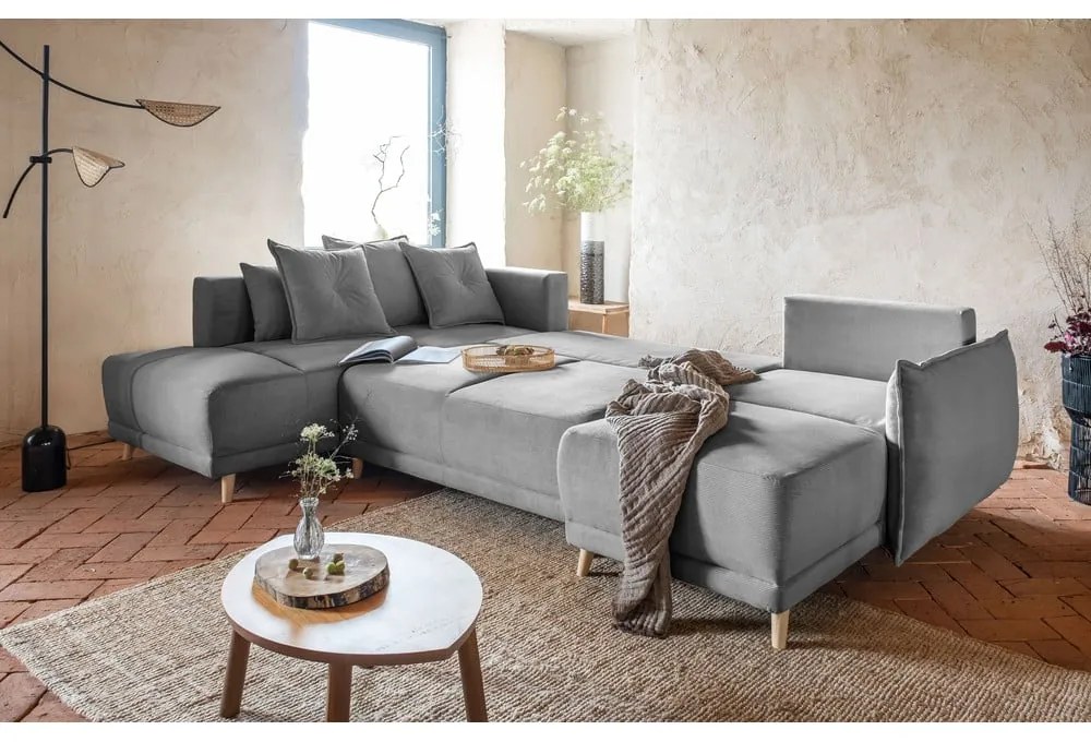 Szürke kordbársony kinyitható sarokkanapé (bal oldali-U alakú) Lazy Lukka – Miuform