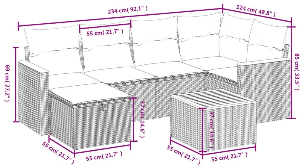 7 részes szürke polyrattan kerti ülőgarnitúra párnákkal