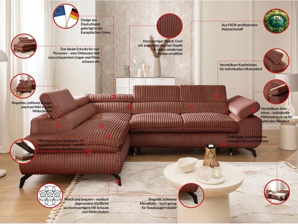 Terrakotta színű kordbársony sarokkanapé (bal oldali-L alakú) Marbeya – Ropez