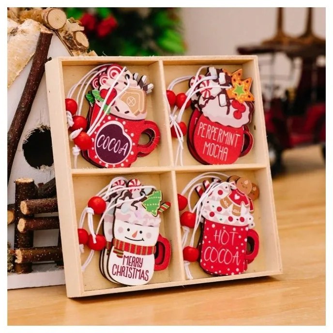 Fából készült karácsonyi dekorációs készlet HOT DRINKS, 12 db