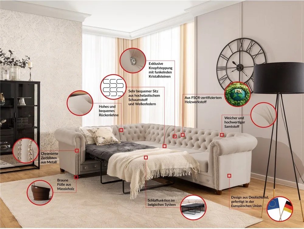 Bézs bársony kinyitható sarokkanapé (bal oldali-L alakú) York Blik – Ropez