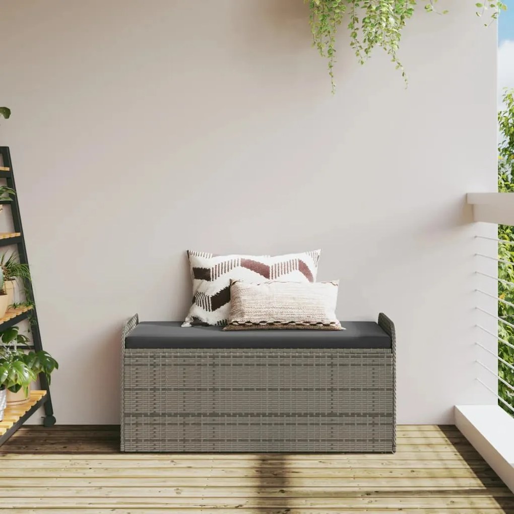 Szürke polyrattan tárolópad párnával 115 x 51 x 52 cm