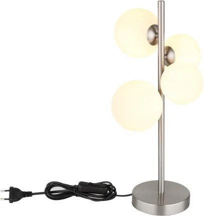 Globo 56140-4T Asztali lámpa fém nikkel matt, üveg fehér, kábel PVC fekete, billenőkapcsoló a kábelen, HxSzxM: 270x230x510mm, kábelhossz 1500mm, üveg átmérő: 2x10cm, 2x12cm, benne 4x G9 LED 3.5W 230V, 350lm forrás, 310lm kimenet, 3000K