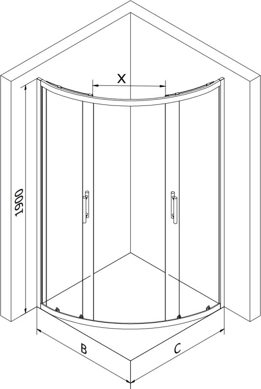 Mexen Rio, negyedkör alakú zuhanykabin 80 x 80 cm, 6 mm-es átlátszó üveg, fekete profil + fekete zuhanytálca, 863-080-080-70-00-4170B