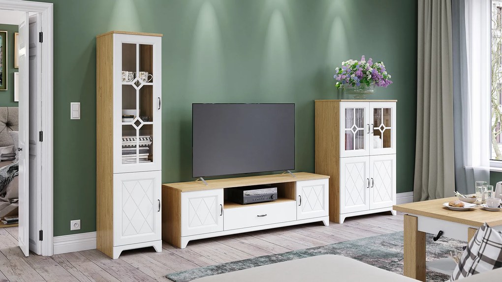 Mazzoni PROVENZA D2SZ1 TV-állvány Kőtölgy/Fehér Matt - TV-ÁLLVÁNY NAPPALIBA RETRO