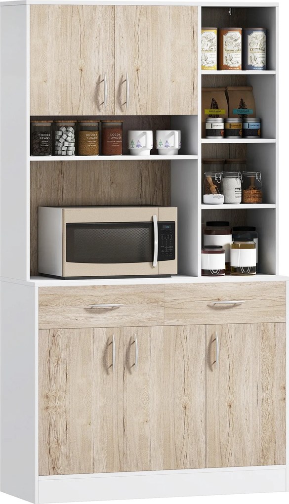 HOMCOM Konyhai Buffet Tálalószekrény Ajtós Fiókos és Nyitott Rekeszes, 100L x 39W x 181,5H cm Fehér és Fás | Aosom