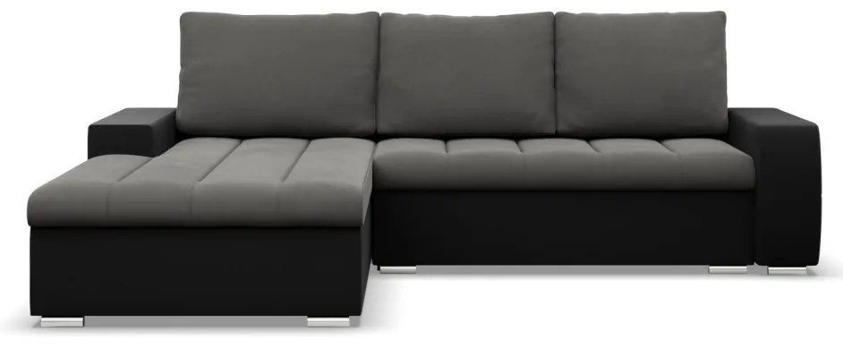 Toronto sarokkanapé, 2 ágyneműtartóval, bársony + műbőr, baloldali, szürke - fekete