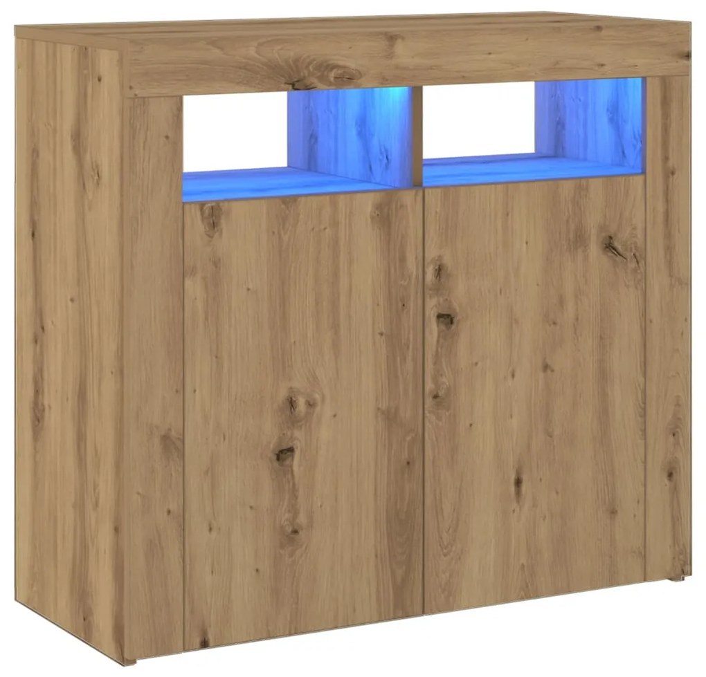 kézműves tölgy szerelt fa tálalószekrény LED-ekkel 80x35x75 cm