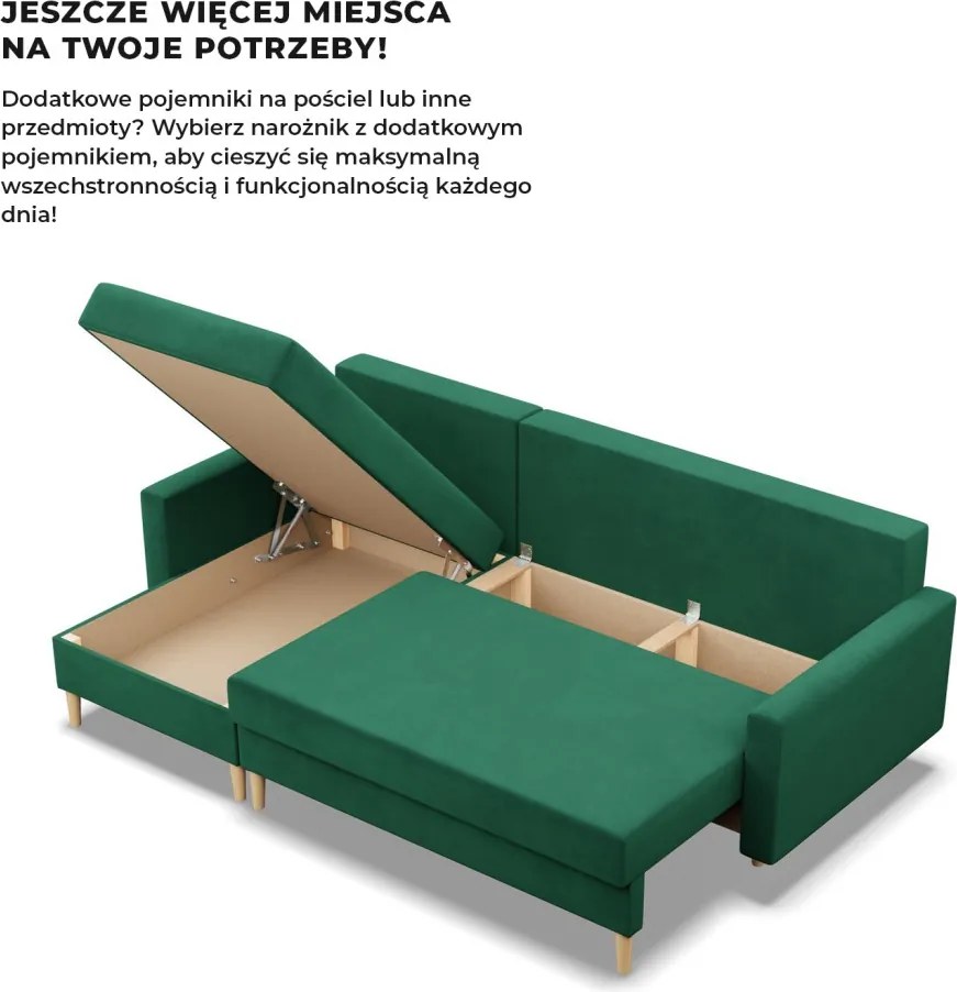 Etna sarokkanapé, 2 ágyneműtartóval, bársony, univerzális oldal, bonell töltet, zöld