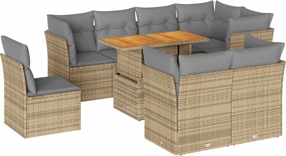 vidaXL 9 részes bézs polyrattan kerti ülőgarnitúra párnákkal