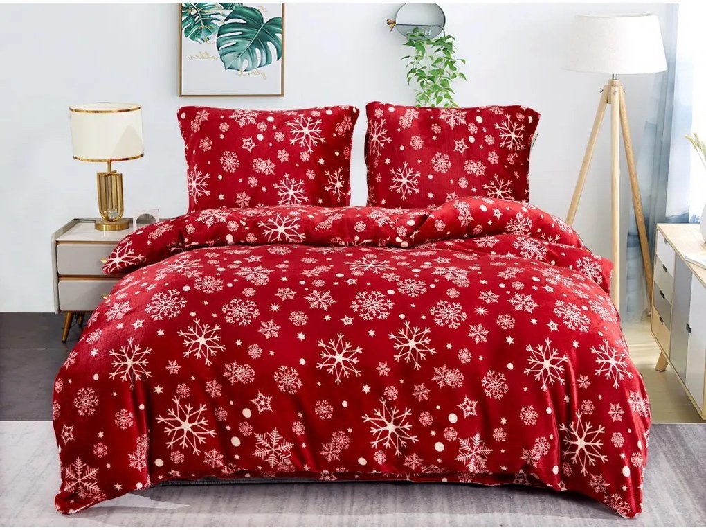 Mikroplüss ágyneműhuzat SNOWFALL piros + mikroplüss lepedő SOFT 90x200 cm fehér, egyszemélyes ágyhoz