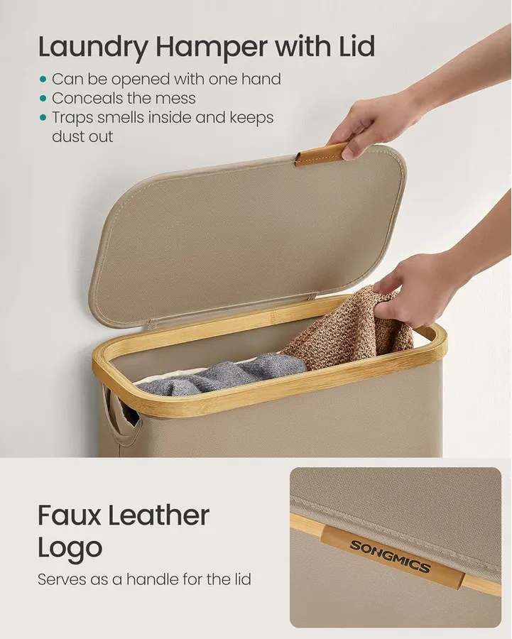 Szennyeskosár fedővel, keskeny szennyes tároló, 65 L, 42 x 22,5 x 70,5 cm, Tevebarna