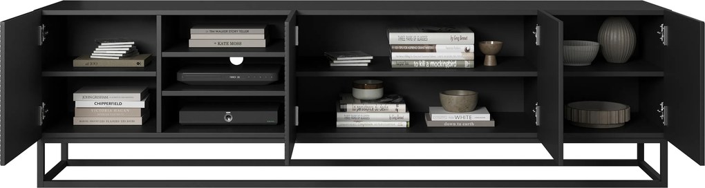 Asha RTV szekrény 200 cm bordázott fülkével és fém vázzal - fekete matt