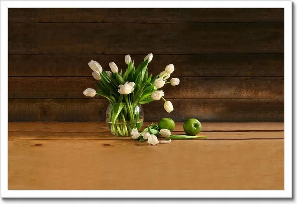 Poszterek keretben 60x40 Fehér tulipánok vázában