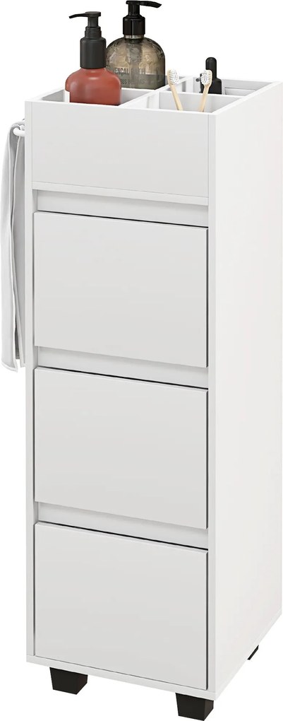 HOMCOM Fürdőszobai Szekrény 4 Felső Rekesszel, 3 Fiókkal és Törölközőtartóval Keskeny Terekhez, 35 x 30 x 90cm, Fehér | Aosom