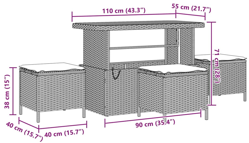 vidaXL Kerti Kanapé Szett párnával 14 pcs Fekete polirattan