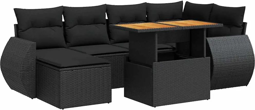 vidaXL 7 részes fekete polyrattan kerti ülőgarnitúra párnával