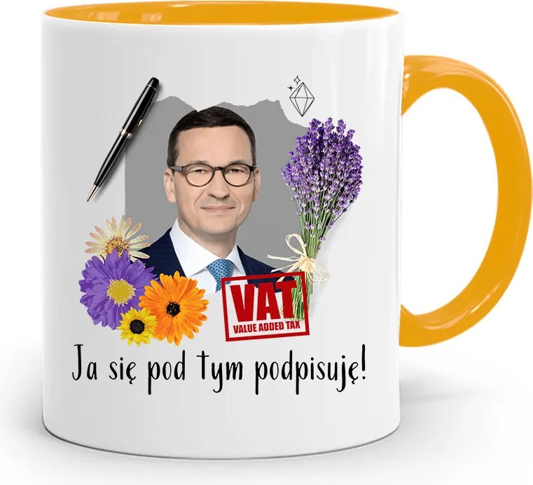 Sárga Politikus Bögre Mateusz Morawiecki Miniszterelnök fényképes nyomtatással