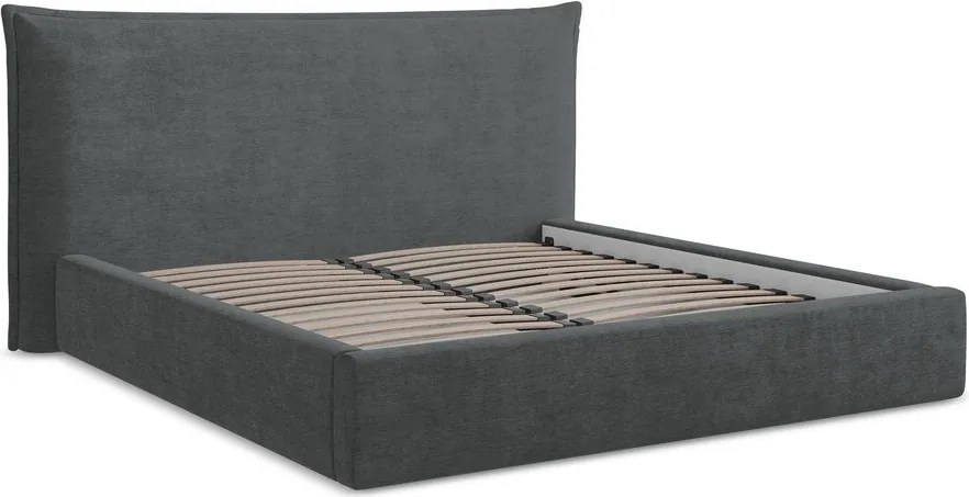 Sötétszürke kárpitozott ágyneműtartós franciaágy ágyráccsal 140x200 cm Esala – Makamii