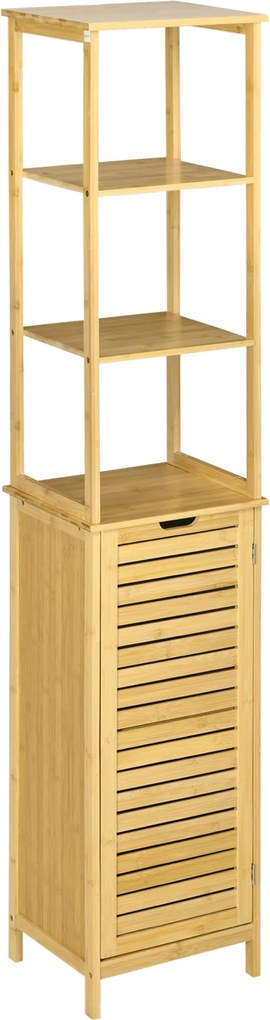 kleankin Fürdőszoba Szekrény Magas, 3 Nyitott Polccal és 1 Szekrénnyel, Bambusz Tároló Szekrény Fürdőszobába, Nappaliba 34 x 30 x 173 cm Természetes |