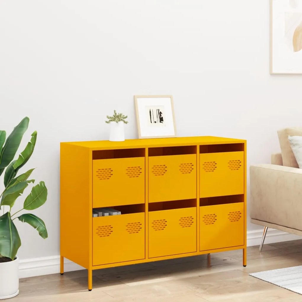 mustársárga hideghengerelt acél tálalószekrény 101,5x39x73,5 cm
