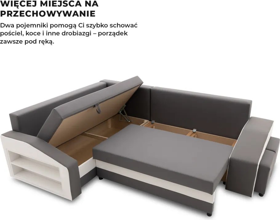 Grande sarokkanapé polcokkal és puffokkal , polc a bal karfaban puffok a jobb karfaban, baloldali, szövet anyag, hab töltet, szürke - fehér