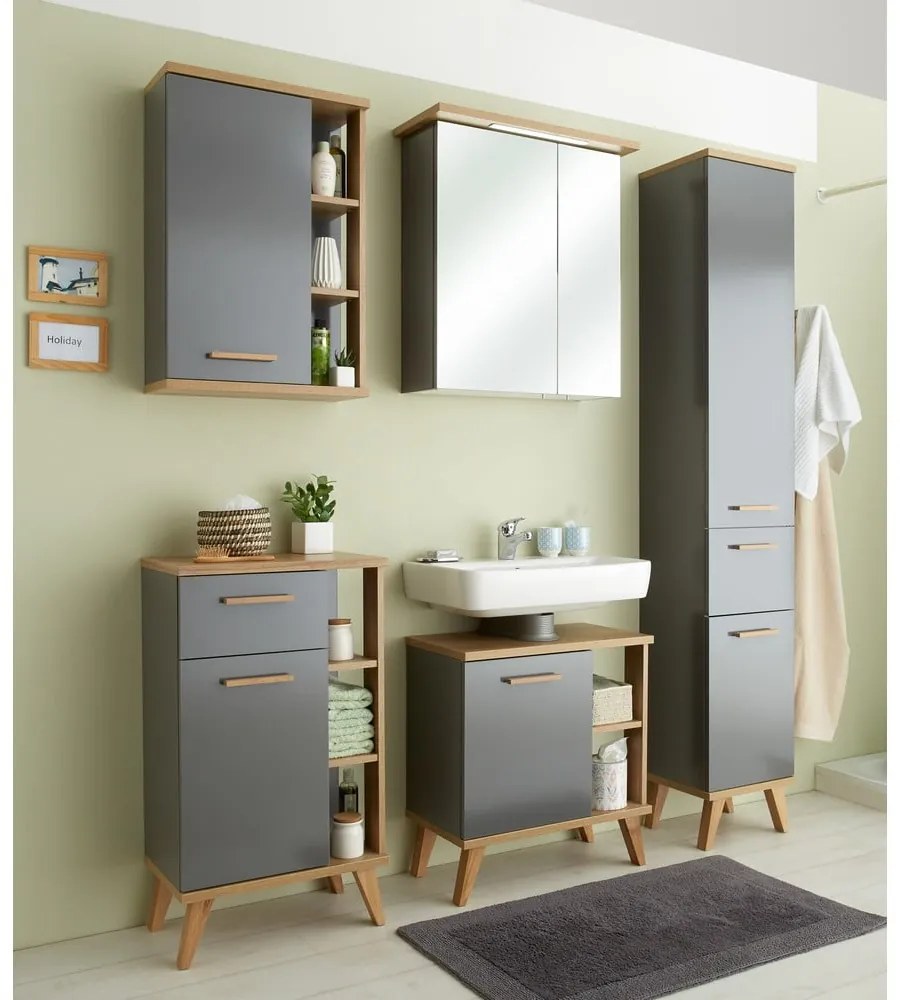 Szürke mosdó alatti szekrény tölgyfa dekorral 60,5x65 cm Quickset 924 – Pelipal