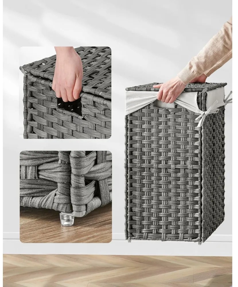 Kézzel fonott rattan szennyeskosár, összecsukható, kivehető zsákkal 90L, szürke