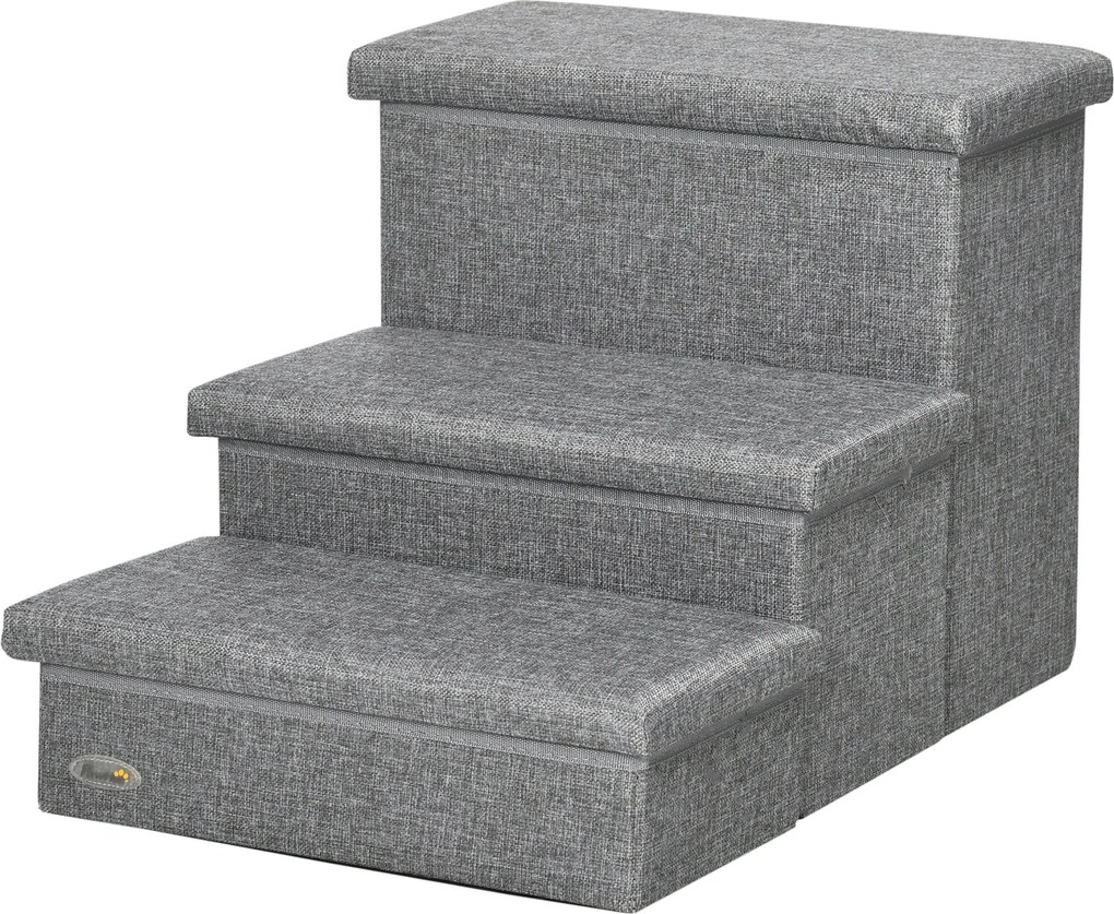 PawHut Háromlépcsős Kiskedvenc Lépcső Csigakupakkal és Tároló Hellyel 63.5x42.5x40.5 cm Szürke | Aosom