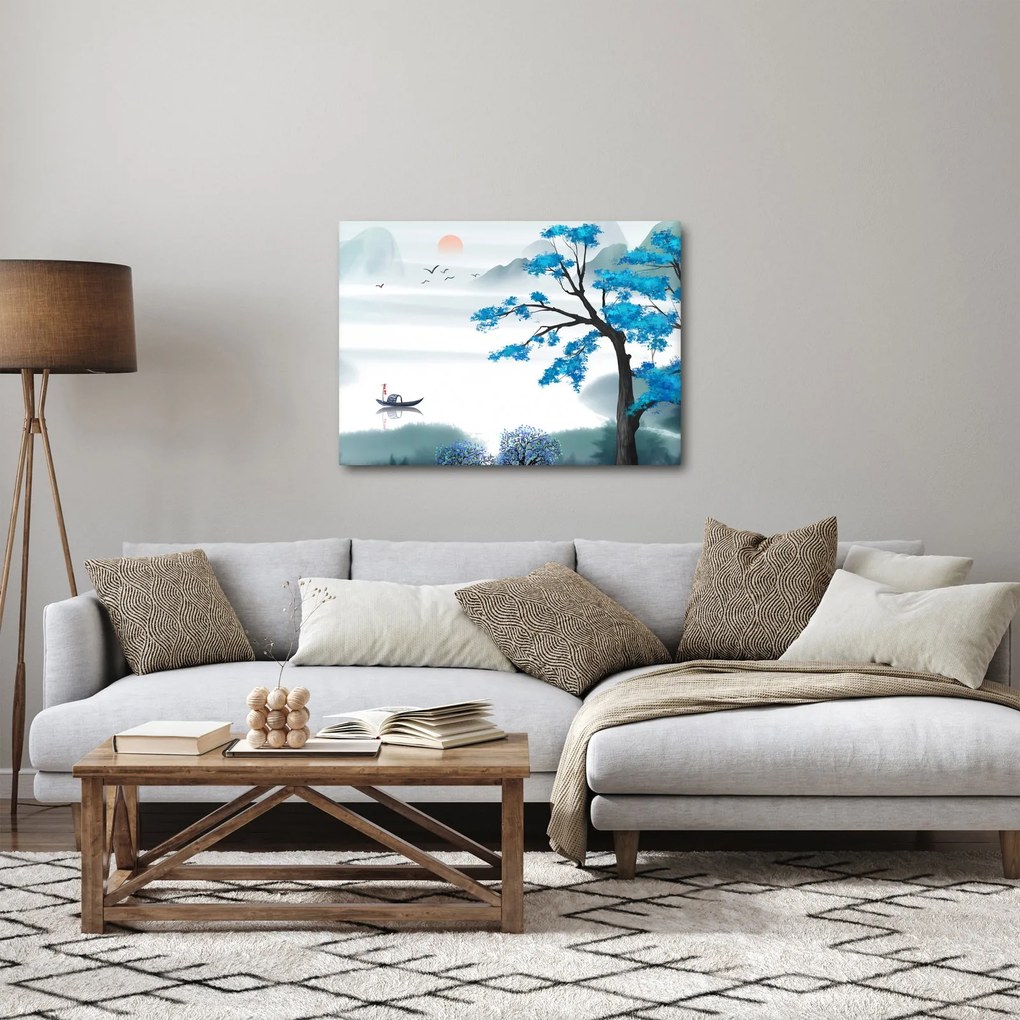 Kép - festett tó csónakkal (70x50 cm)