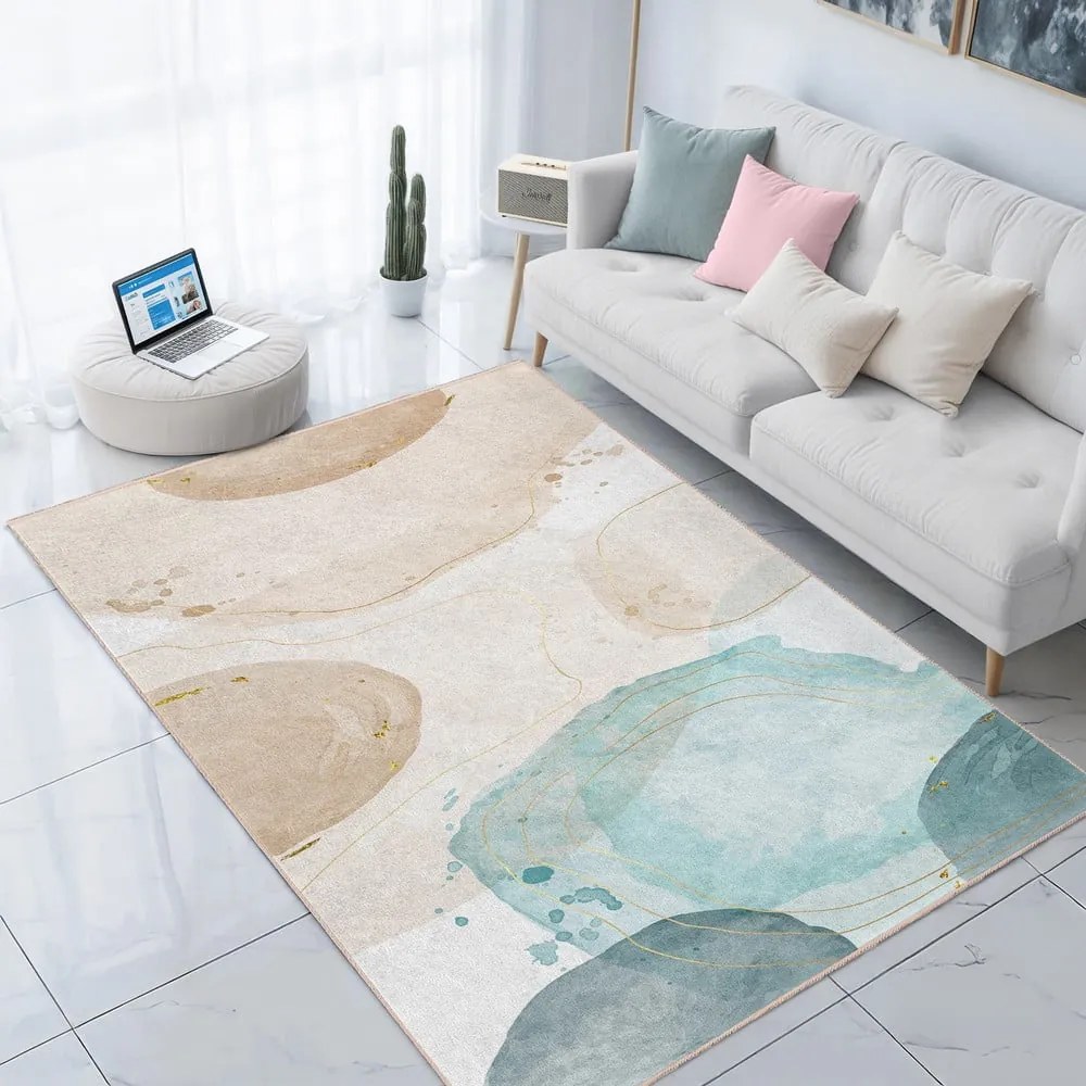Krémszínű-türkiz mosható szőnyeg 120x180 cm Puddle – Mila Home