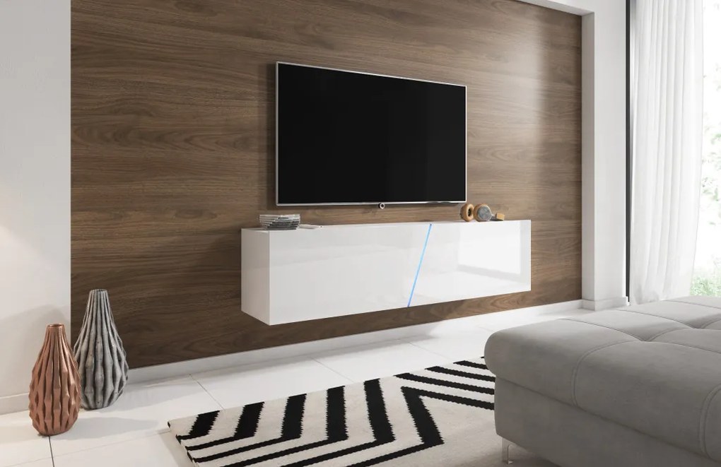 TV szekrény 160 cm fehér / fehér magasfény színkombinációban RGB LED világítással – SLANT