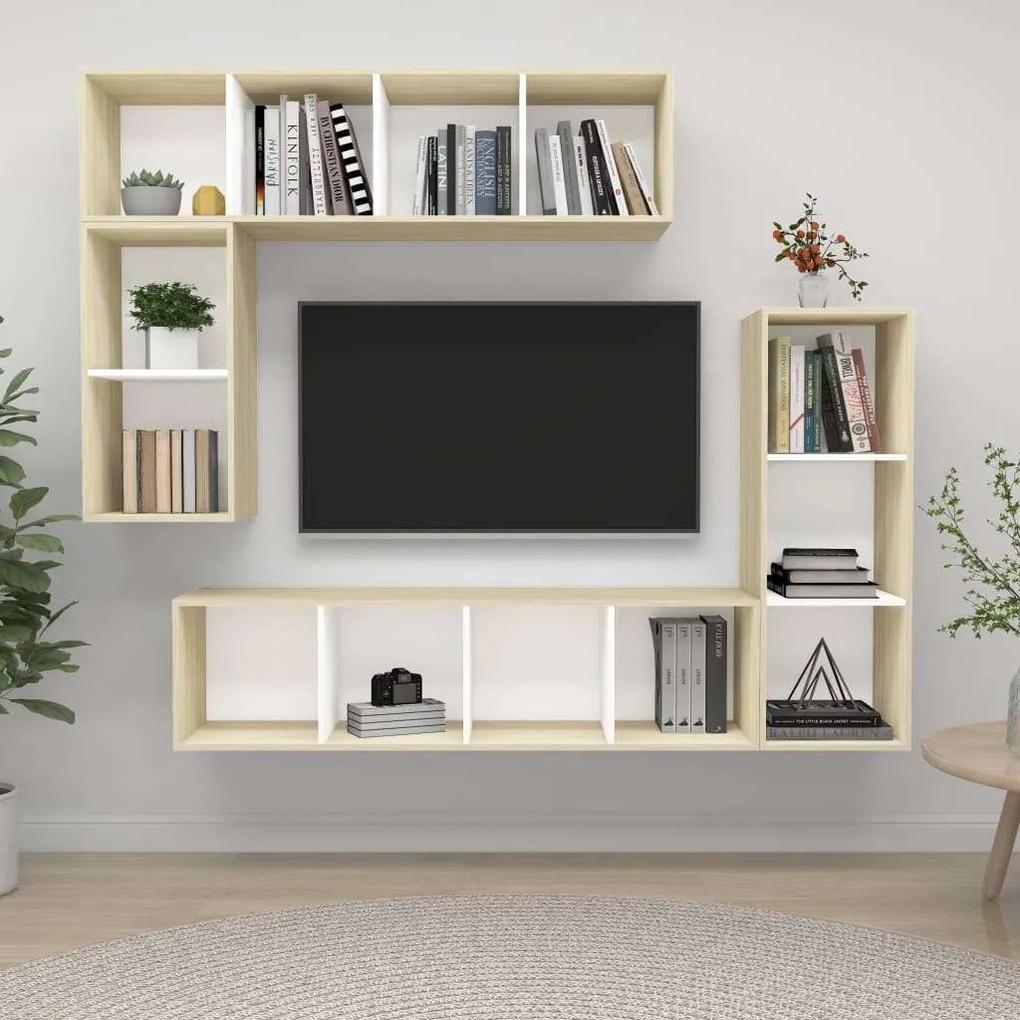 vidaXL 4 részes fehér és tölgyszínű forgácslap TV-szekrény szett