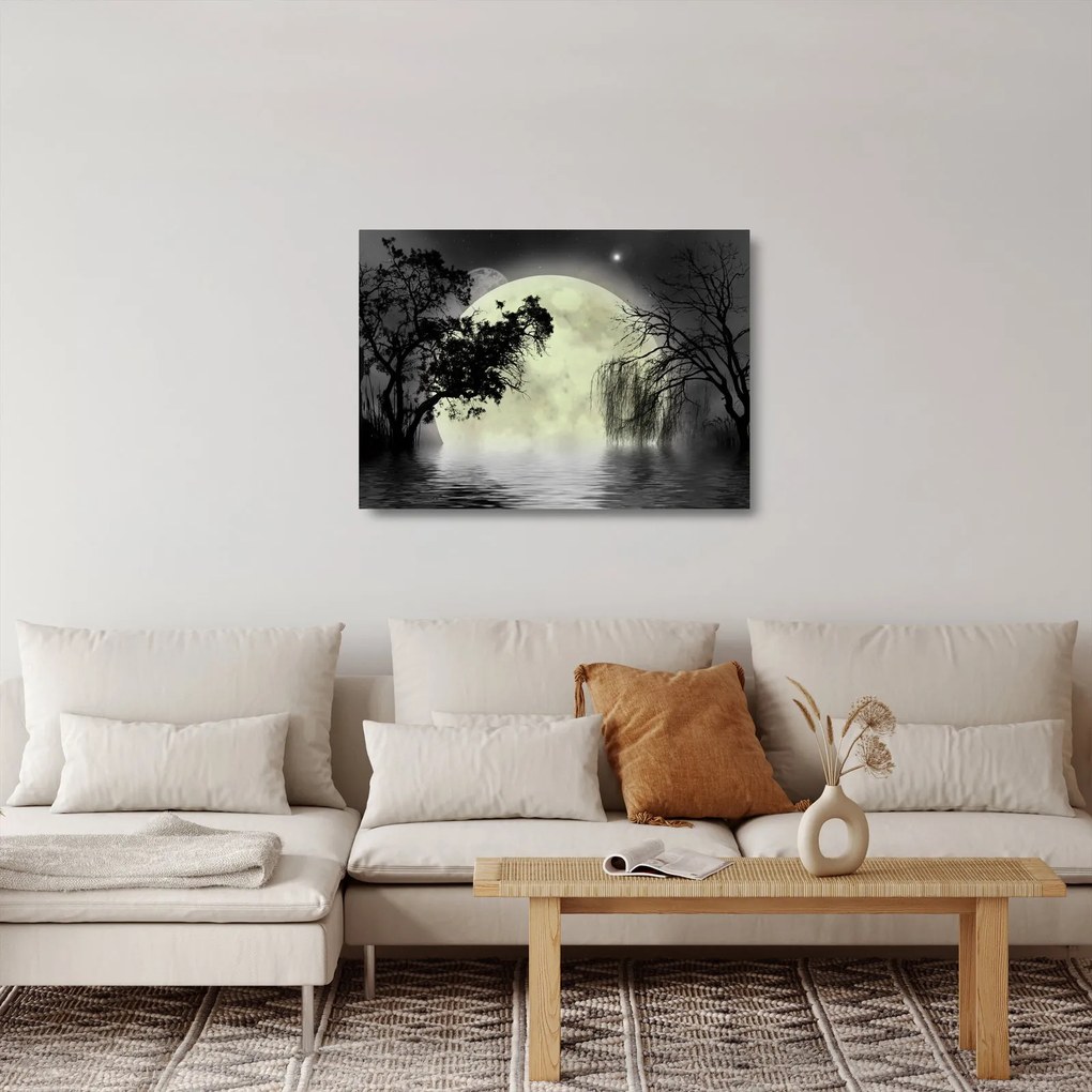 Kép - Telihold a felszín felett, fekete-fehér változat (üvegen) (70x50 cm)