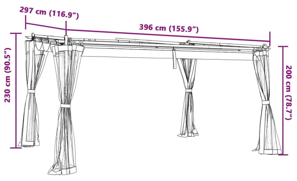 krémszínű acél pavilon hálós oldalakkal 4 x 3 m