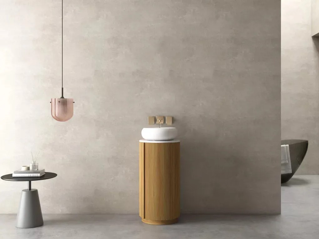 AREZZO design SORAYA 40 cm-es kerek, álló Fürdőszoba alsószekrény, fehér mosdópulttal, 1 ajtó, tölgy