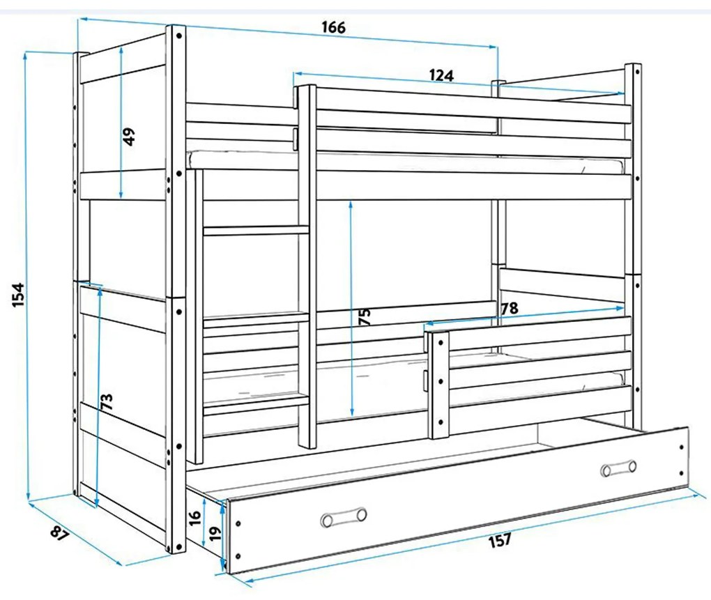 Gyerek emeletes ágy RICO 160x80 cm Szürke Szürke