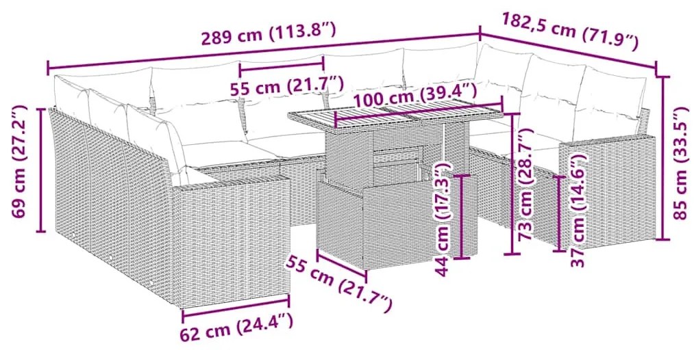 10 részes bézs polyrattan kerti ülőgarnitúra párnával