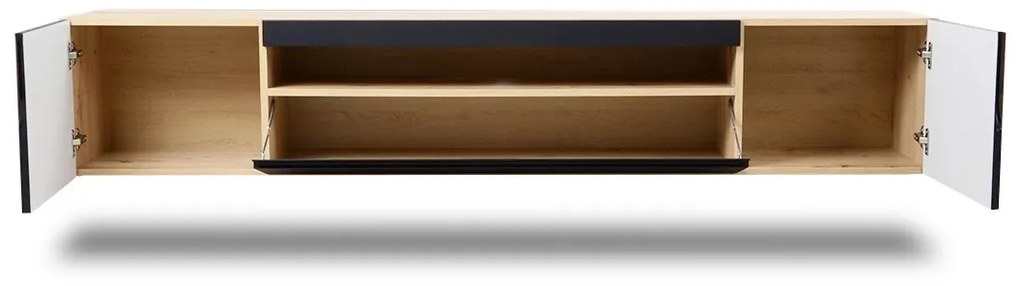 Loftia fali TV szekrény 200 cm, kétszárnyú, nyitott résszel - artisan / fekete matt