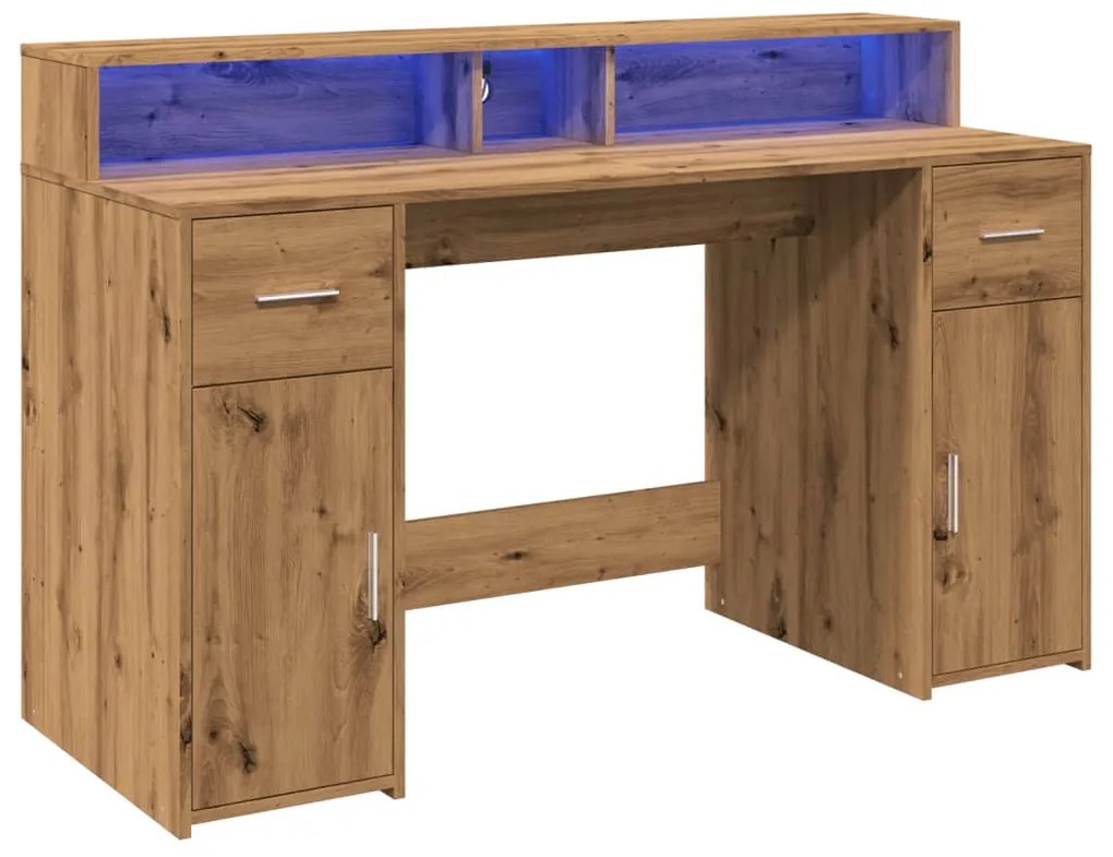 kézműves tölgy színű szerelt fa LED-es íróasztal 140x55x91 cm