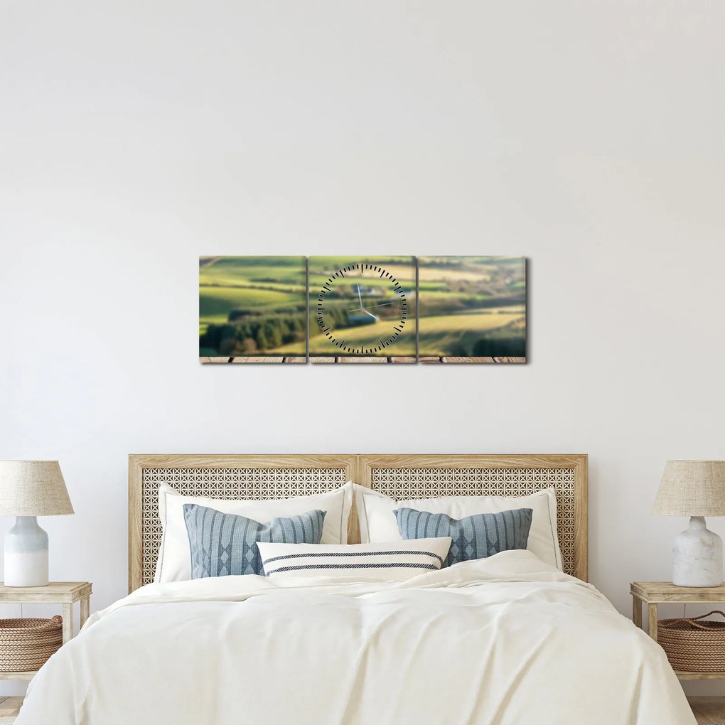 Kép - Fa polc tájképi elemekkel (órával) (90x30 cm)