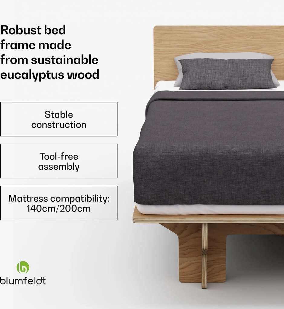 Blumfeldt NordicAura Double kétszemélyes ágykeret, 140 cm x 200 cm, robusztus, szerszámmentes, eukaliptuszfa, polcok