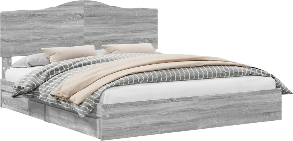 vidaXL Tárolós Ágy fejtámlával Szürke Sonoma 200 x 200 cm Faanyag