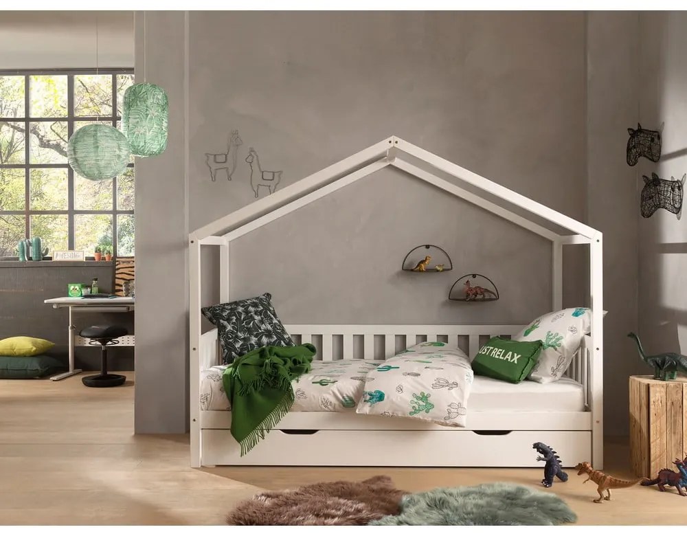 Fehér házikó alakú borovi fenyő gyerekágy kihúzható pótággyal, tárolóhellyel 90x200 cm DALLAS – Vipack