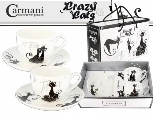 Porceláncsésze+alj 250ml, 2 személyes szett,fekete macskás
